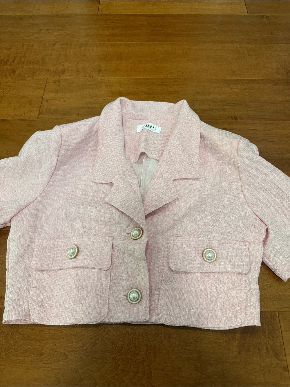 Kids Pink Tweed Cropped Jacket with Pearl Buttons